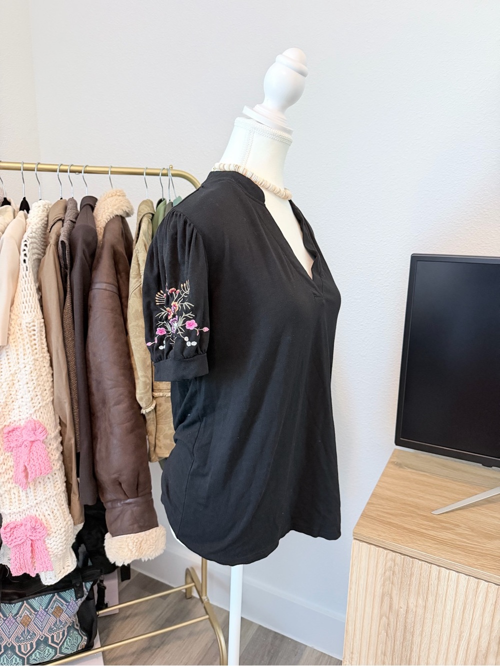 Black Short-Sleeve V-Neck Top with Floral Embroidered Sleeves